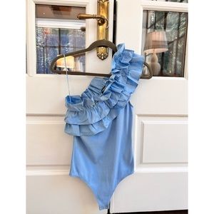 Light Blue Poplin One Shoulder Ruffle Detail Express Bodysuit